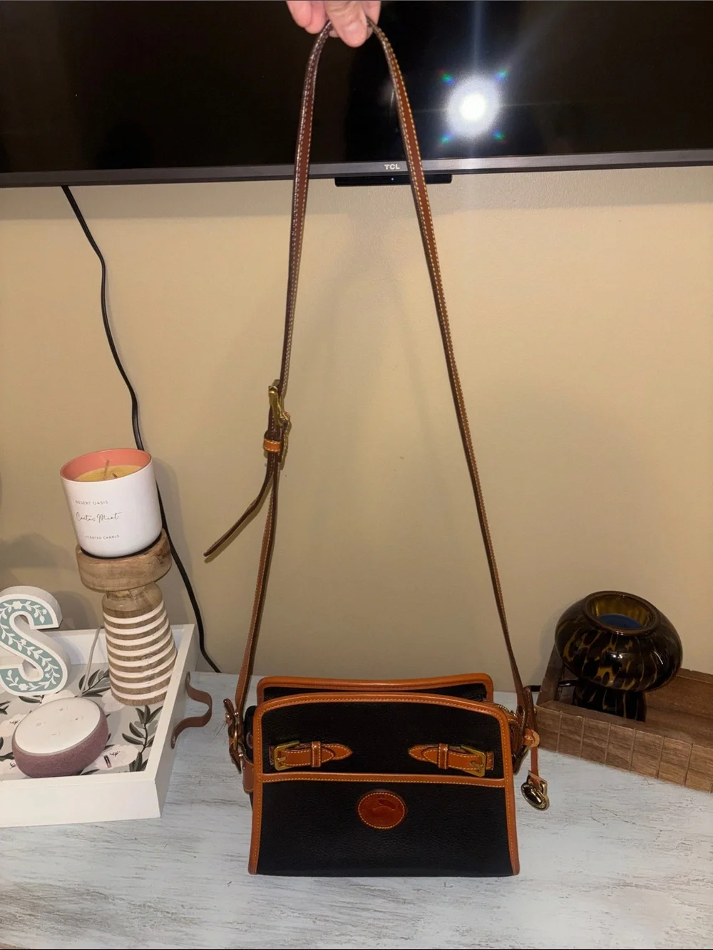 Dooney & Bourke Black Leather Crossbody with Brown Trim and Gold Hardware